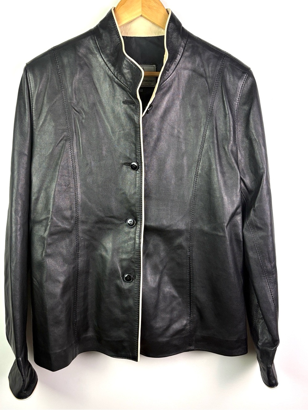 Quatro Hermano Black Leather Button-Front Jacket with Contrast Trim fits size XL